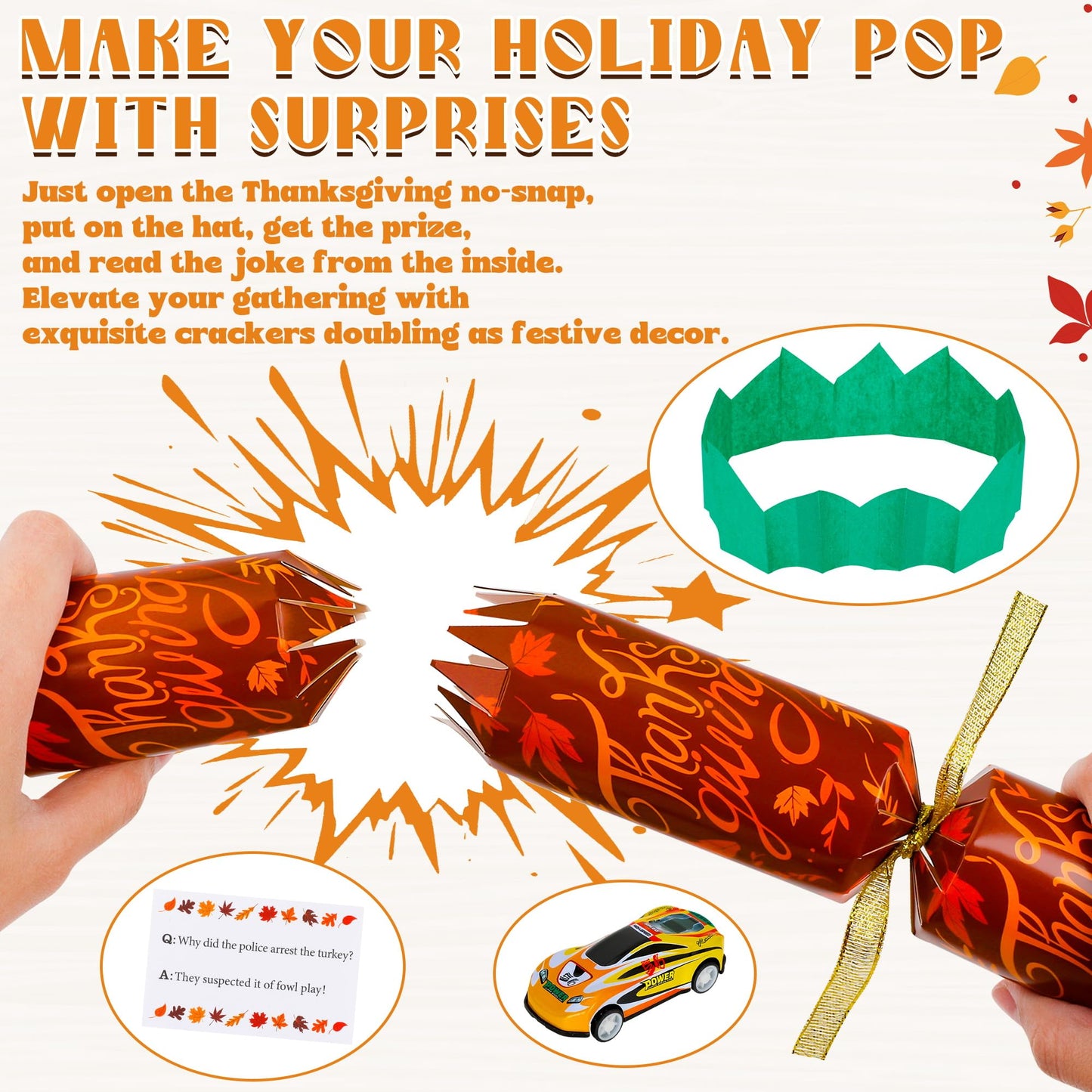 Melisheer 10 Pack Thanksgiving Crackers – Leaf Design Party Favors with Joke Dice & Gifts