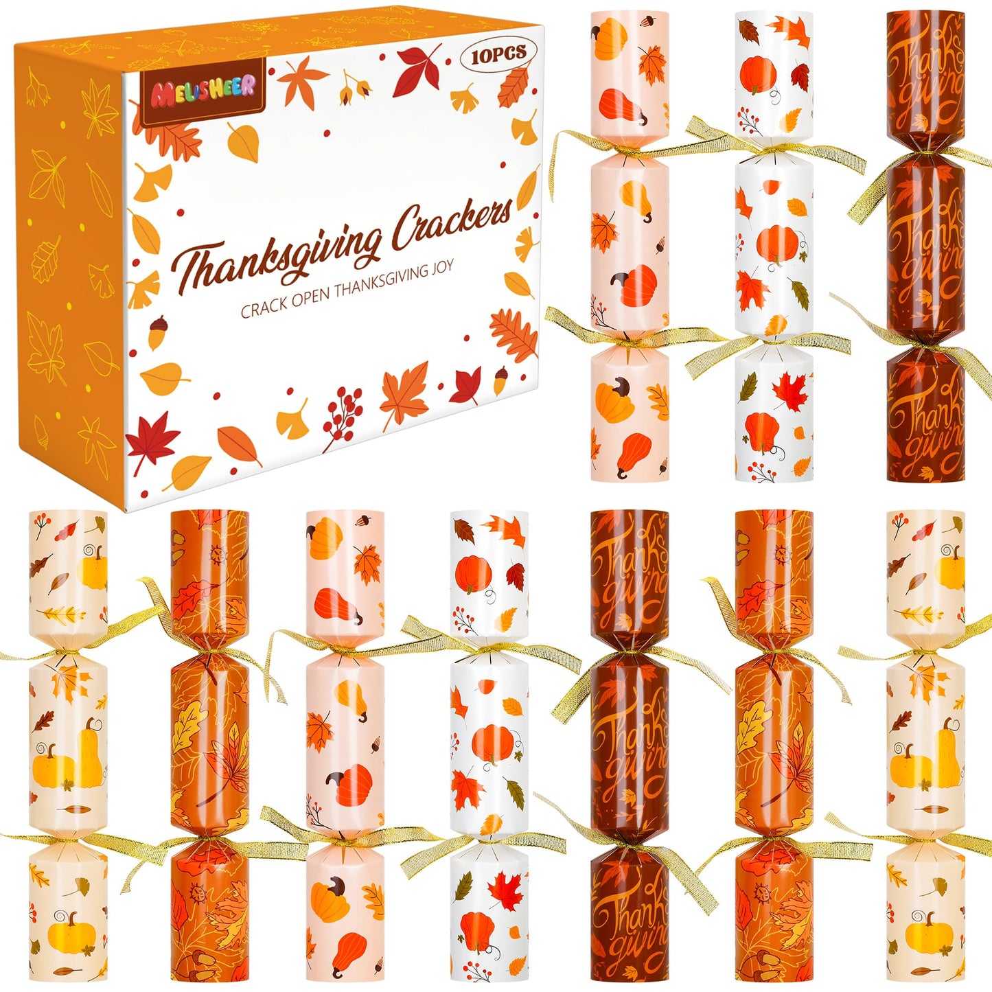 Melisheer 10 Pack Thanksgiving Crackers – Leaf Design Party Favors with Joke Dice & Gifts