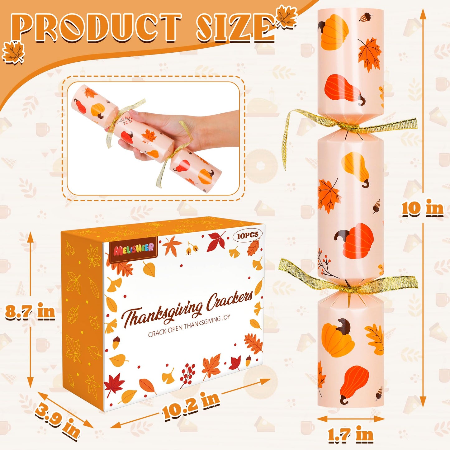 Melisheer 10 Pack Thanksgiving Crackers – Leaf Design Party Favors with Joke Dice & Gifts