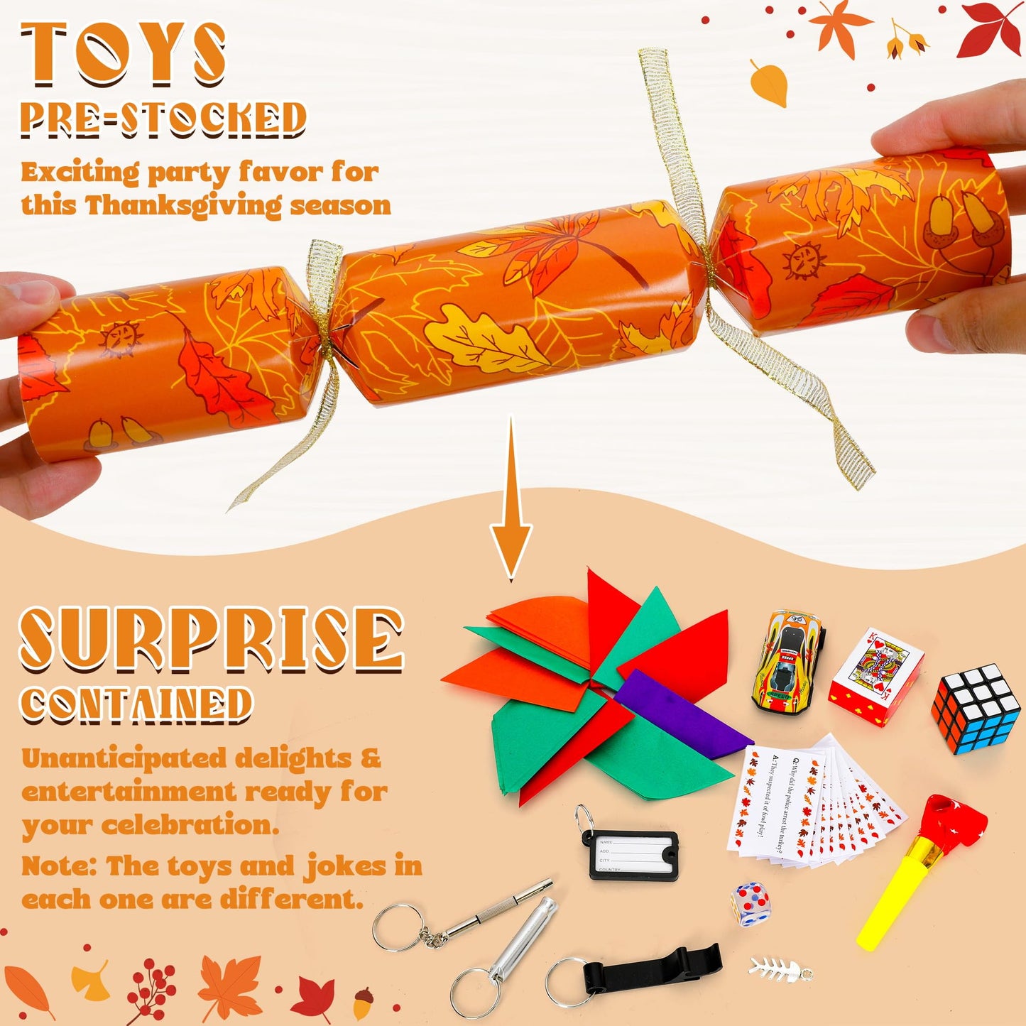 Melisheer 10 Pack Thanksgiving Crackers – Leaf Design Party Favors with Joke Dice & Gifts
