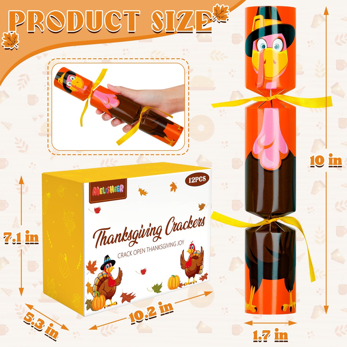 Melisheer 12 Pack Thanksgiving Crackers – Turkey Design No-Snap Party Favors