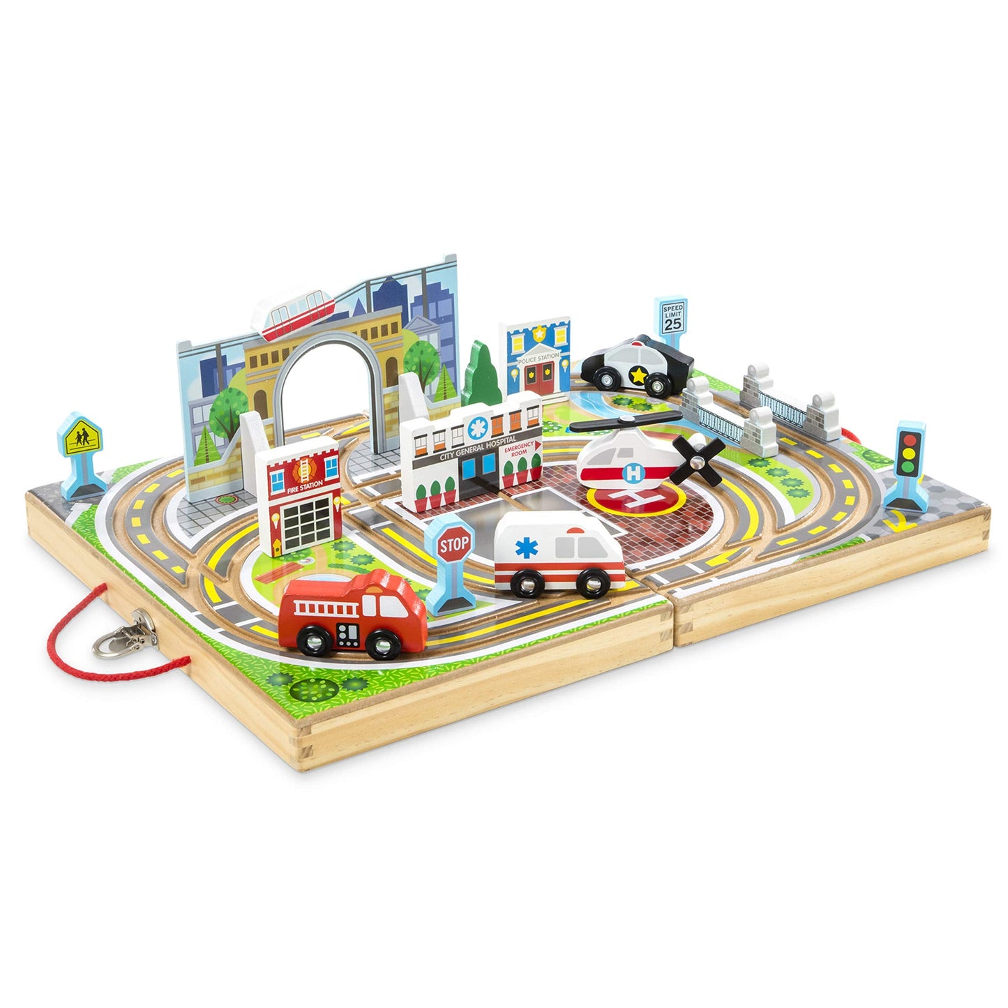 Melissa & Doug 18-Piece Wooden Take-Along Tabletop Town with 4 Rescue Vehicles, Bridge & Monorail