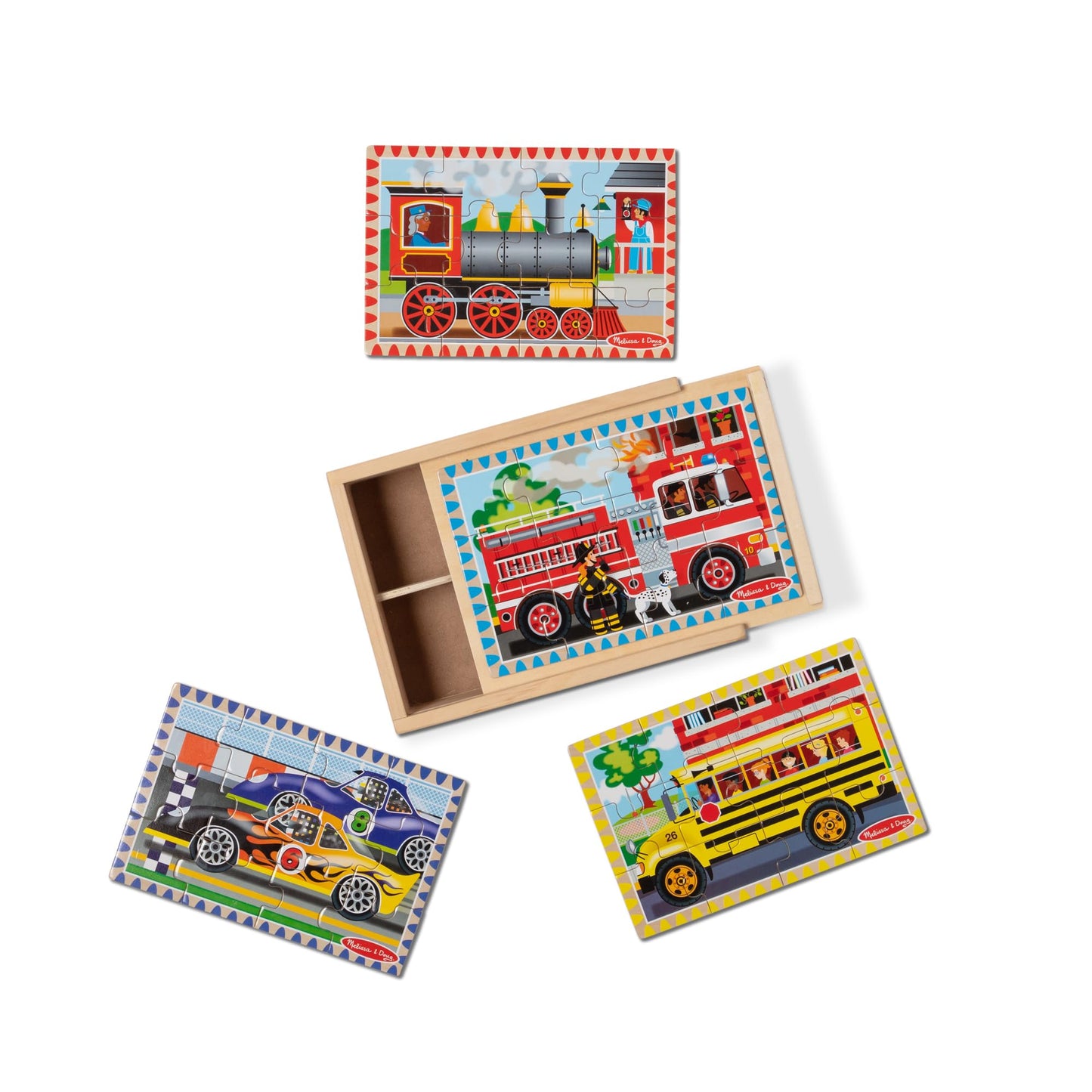 Melissa & Doug 4-in-1 Wooden Vehicle Puzzle Set – 48 Pieces, FSC Certified, Storage Box, Ages 3+