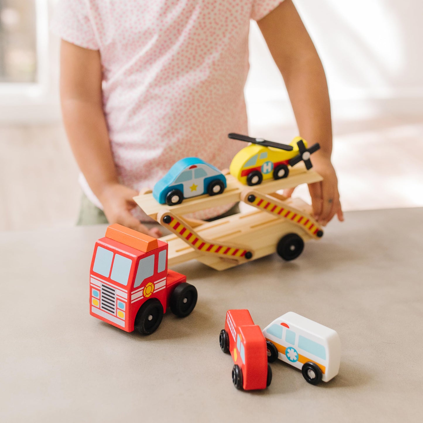 Melissa & Doug Emergency Vehicle Carrier Truck with 4 Rescue Vehicles | Wooden Playset