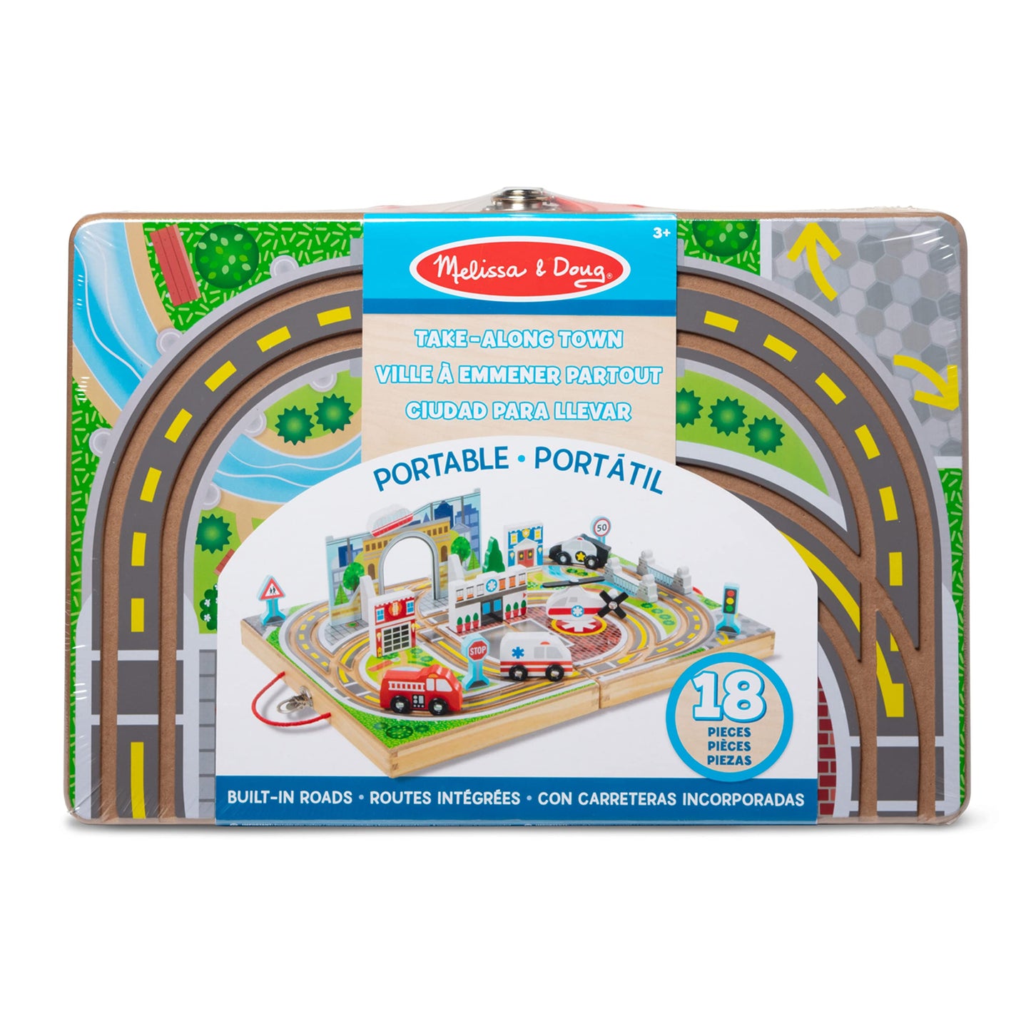 Melissa & Doug 18-Piece Wooden Take-Along Tabletop Town with 4 Rescue Vehicles, Bridge & Monorail