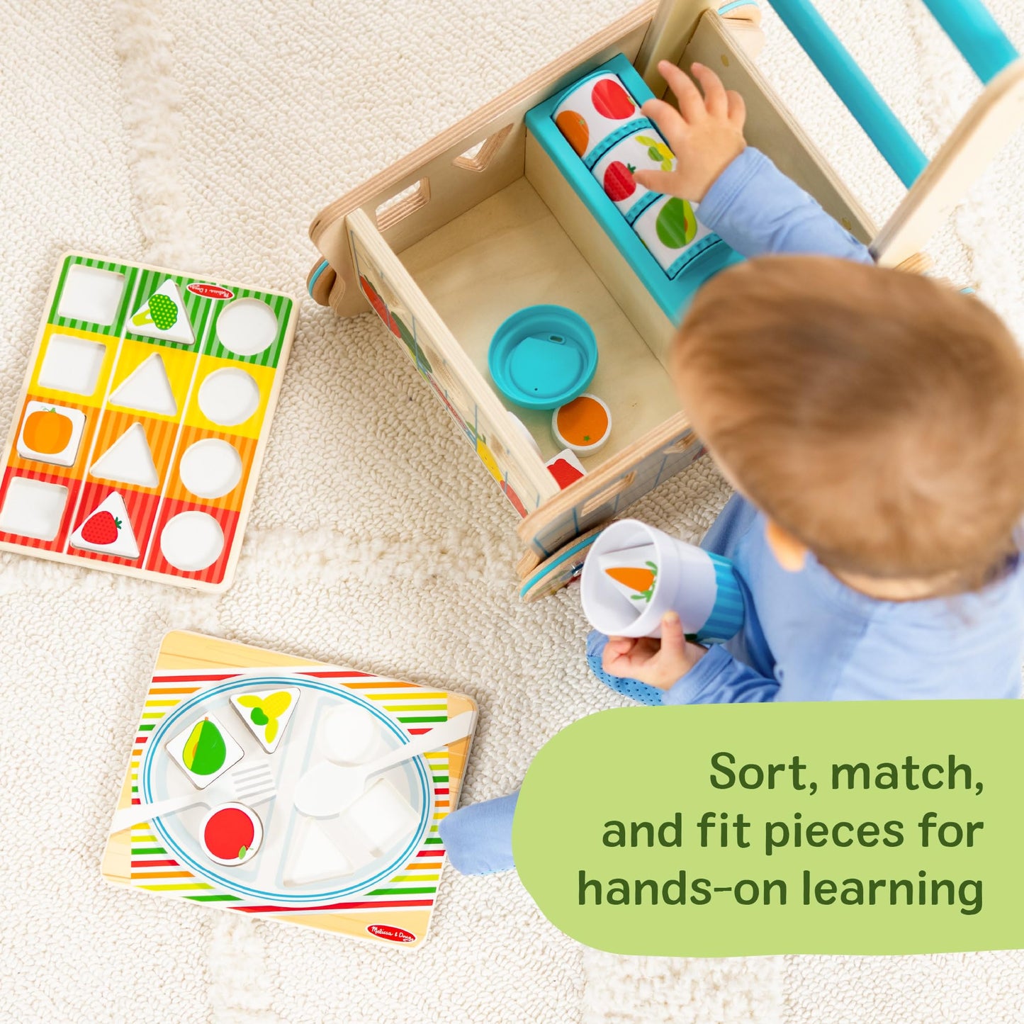 Melissa & Doug Wooden Shape Sorting Grocery Cart Push Toy – FSC-Certified, Pretend Play for Toddlers