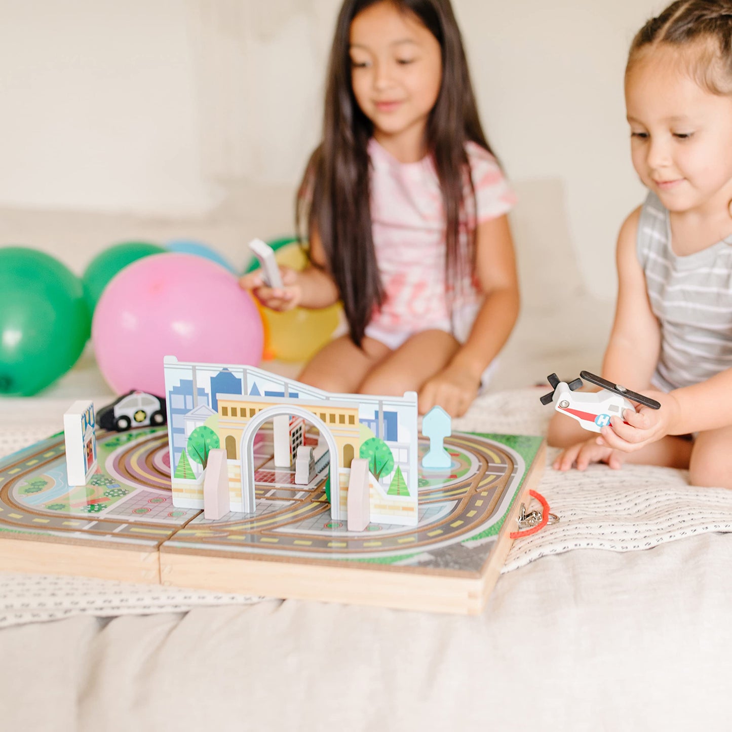 Melissa & Doug 18-Piece Wooden Take-Along Tabletop Town with 4 Rescue Vehicles, Bridge & Monorail
