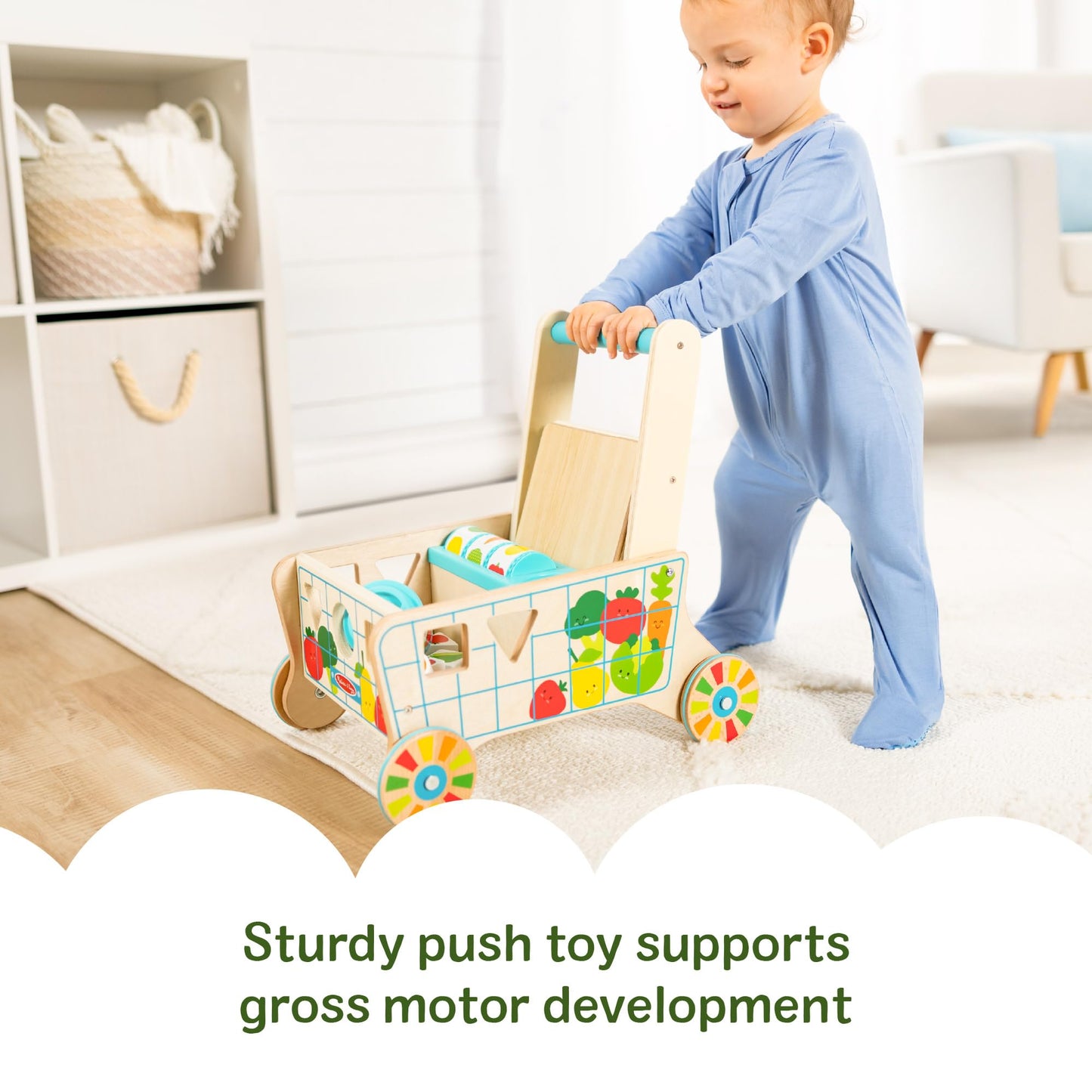 Melissa & Doug Wooden Shape Sorting Grocery Cart Push Toy – FSC-Certified, Pretend Play for Toddlers