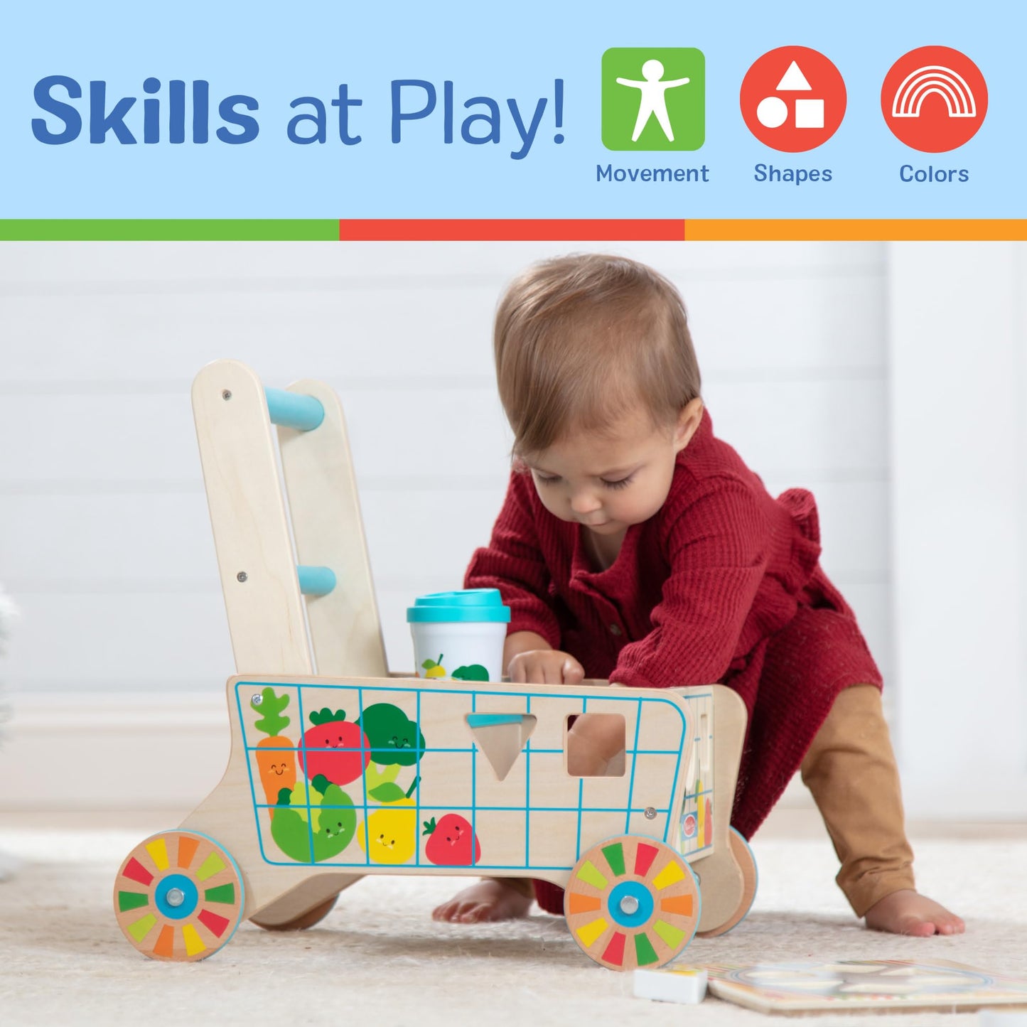 Melissa & Doug Wooden Shape Sorting Grocery Cart Push Toy – FSC-Certified, Pretend Play for Toddlers
