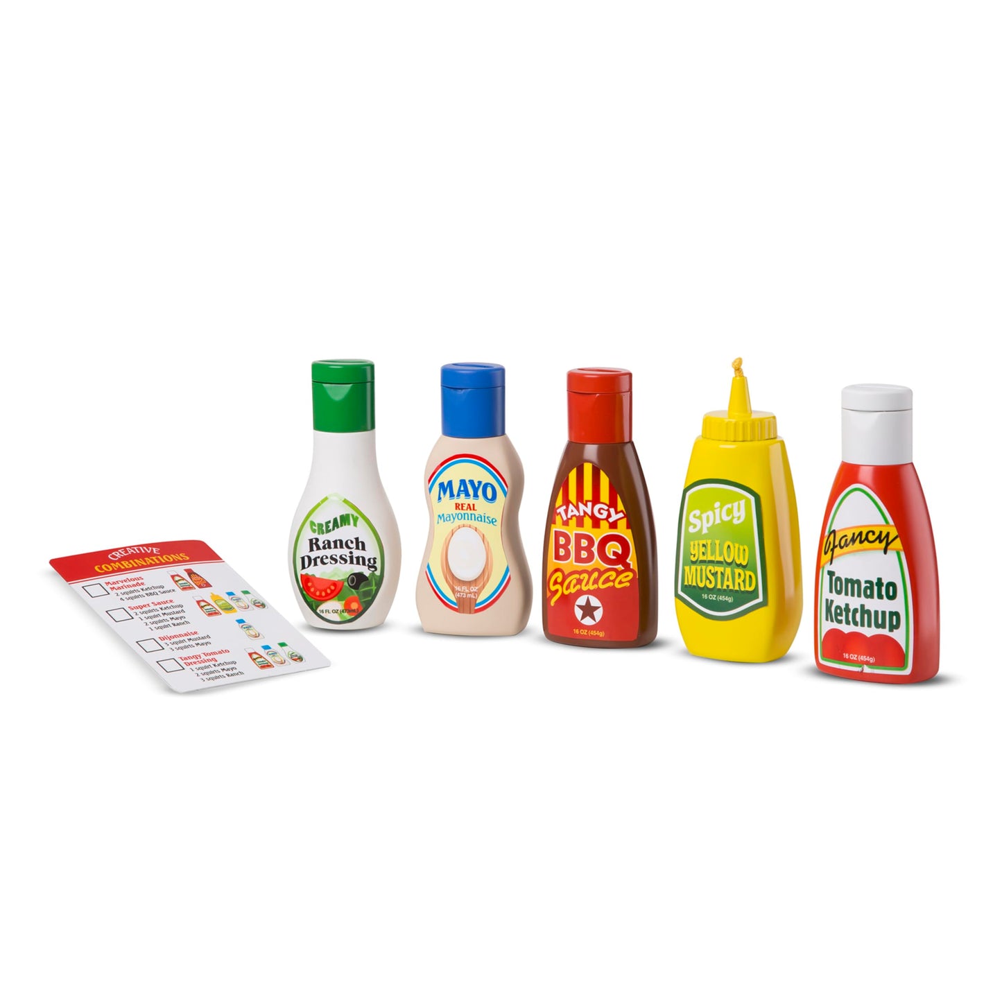 Melissa & Doug 5-Piece Favorite Condiments Play Food Set – Pretend Ketchup, Mustard, Ranch, Mayo, BBQ (Ages 3+)