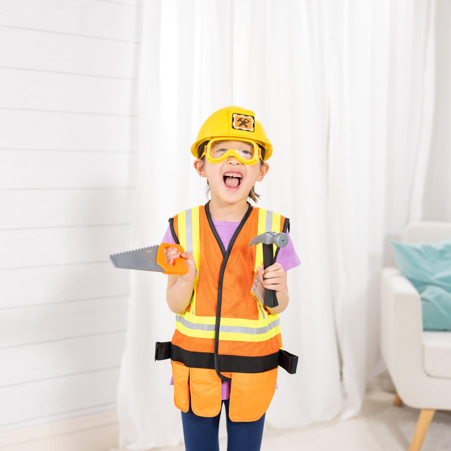 Melissa & Doug Construction Worker Costume Dress-Up Set for Kids (6-Piece) – Pretend Play Outfit with Tools & Safety Vest