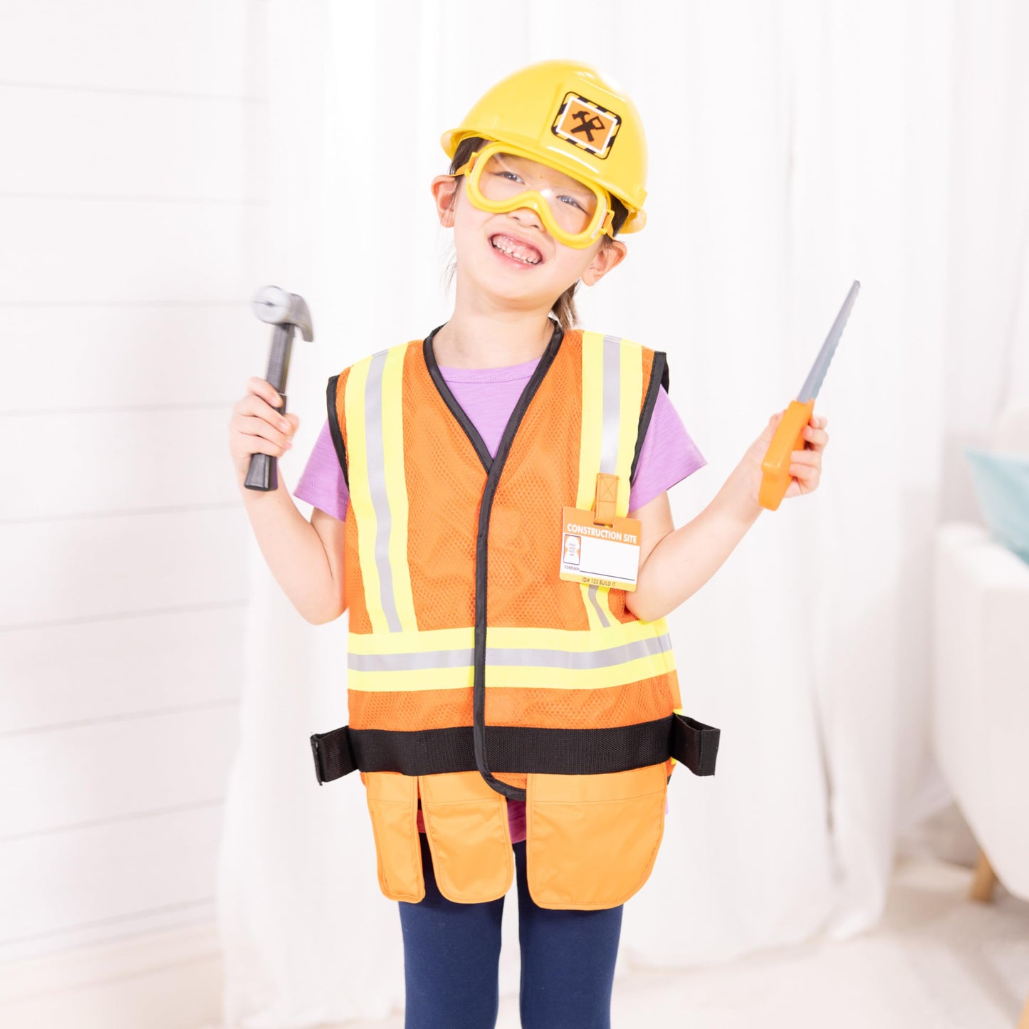 Melissa & Doug Construction Worker Costume Dress-Up Set for Kids (6-Piece) – Pretend Play Outfit with Tools & Safety Vest