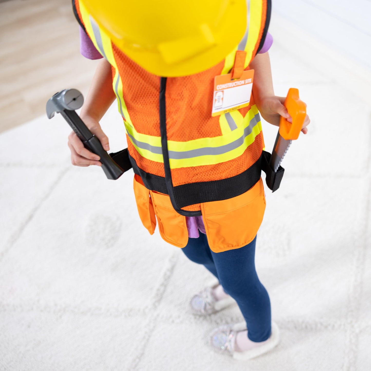 Melissa & Doug Construction Worker Costume Dress-Up Set for Kids (6-Piece) – Pretend Play Outfit with Tools & Safety Vest