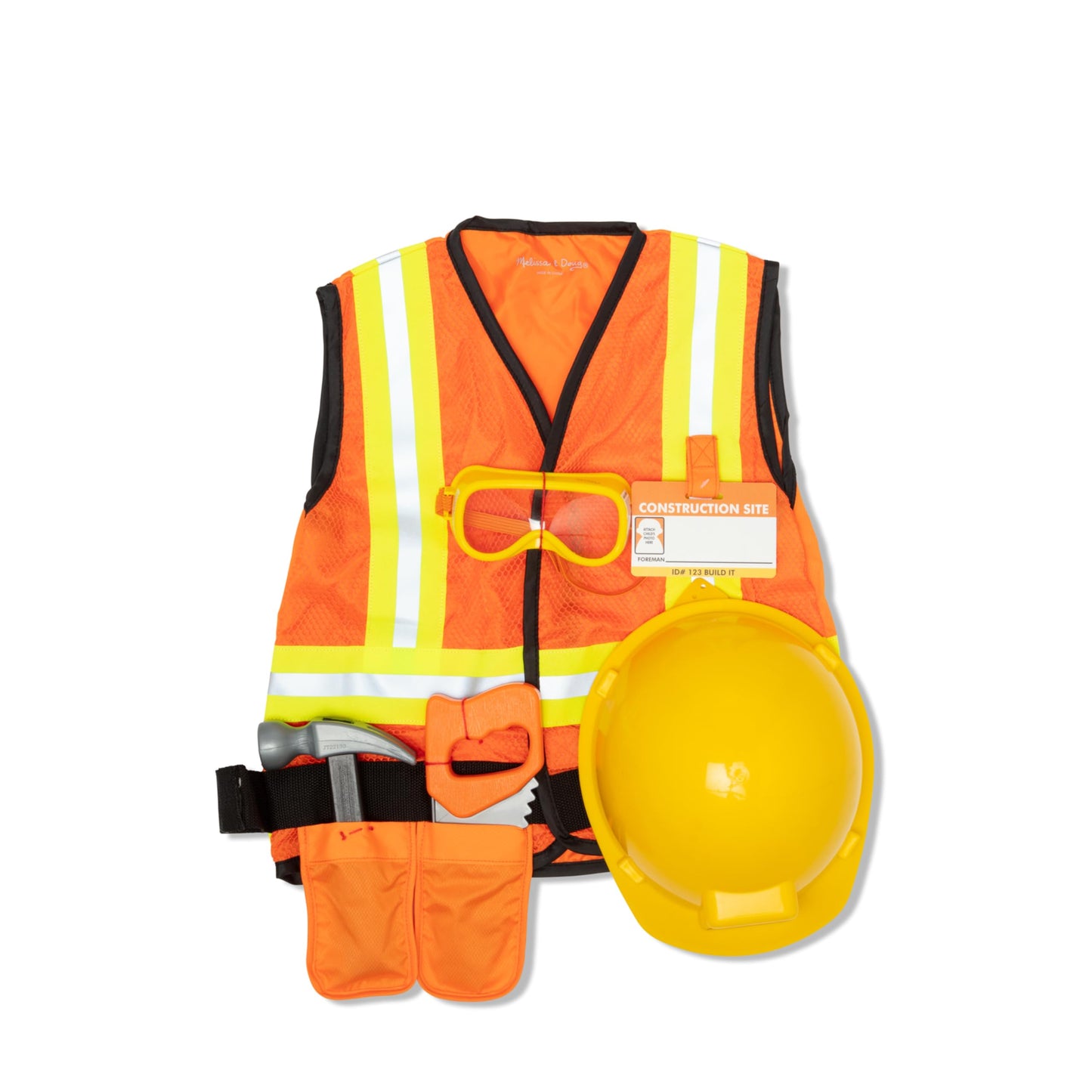 Melissa & Doug Construction Worker Costume Dress-Up Set for Kids (6-Piece) – Pretend Play Outfit with Tools & Safety Vest