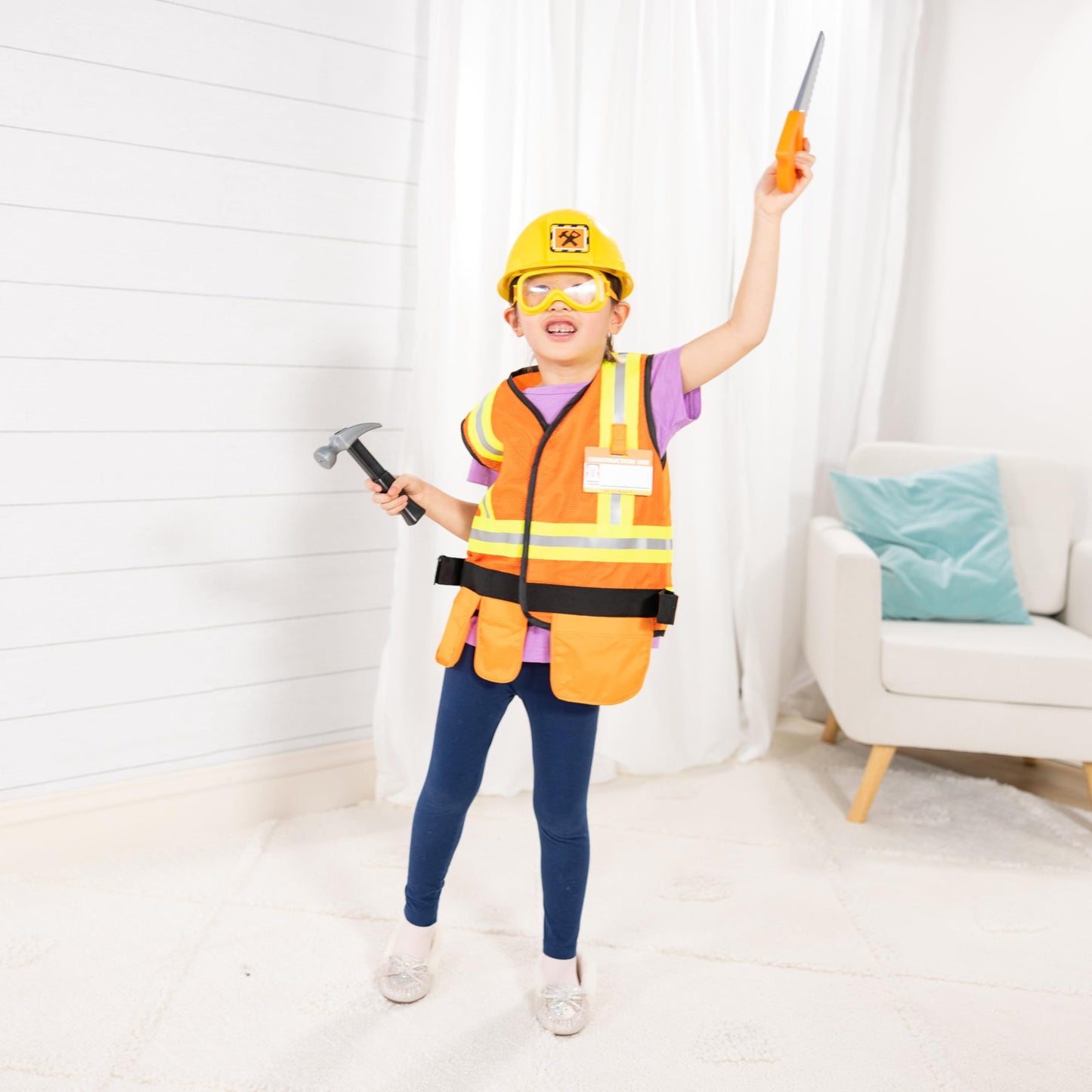 Melissa & Doug Construction Worker Costume Dress-Up Set for Kids (6-Piece) – Pretend Play Outfit with Tools & Safety Vest