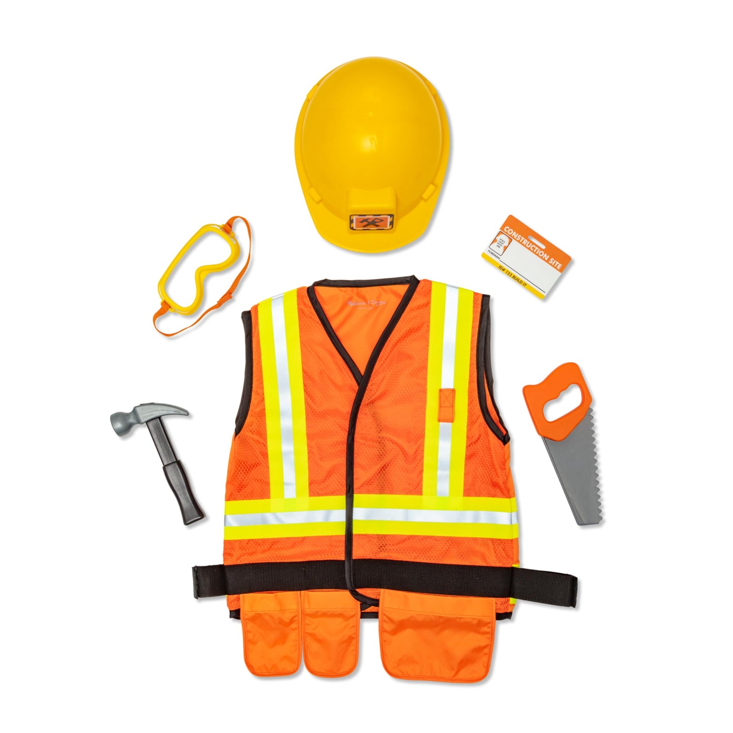 Melissa & Doug Construction Worker Costume Dress-Up Set for Kids (6-Piece) – Pretend Play Outfit with Tools & Safety Vest