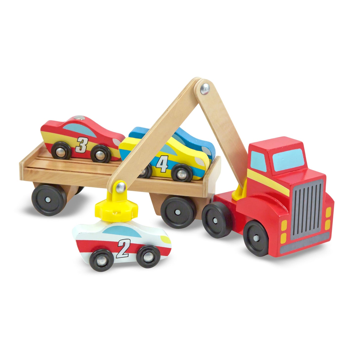 Melissa & Doug Magnetic Car Loader Wooden Truck Crane with 4 Cars & Trailer