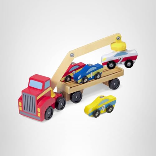 Melissa & Doug Magnetic Car Loader Wooden Truck Crane with 4 Cars & Trailer