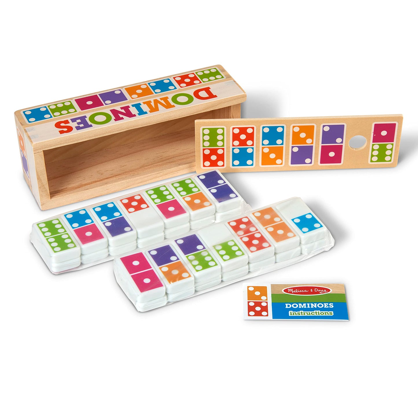 Melissa & Doug Dominoes Tabletop Game – 28 Colorful Tiles in Wooden Storage Box