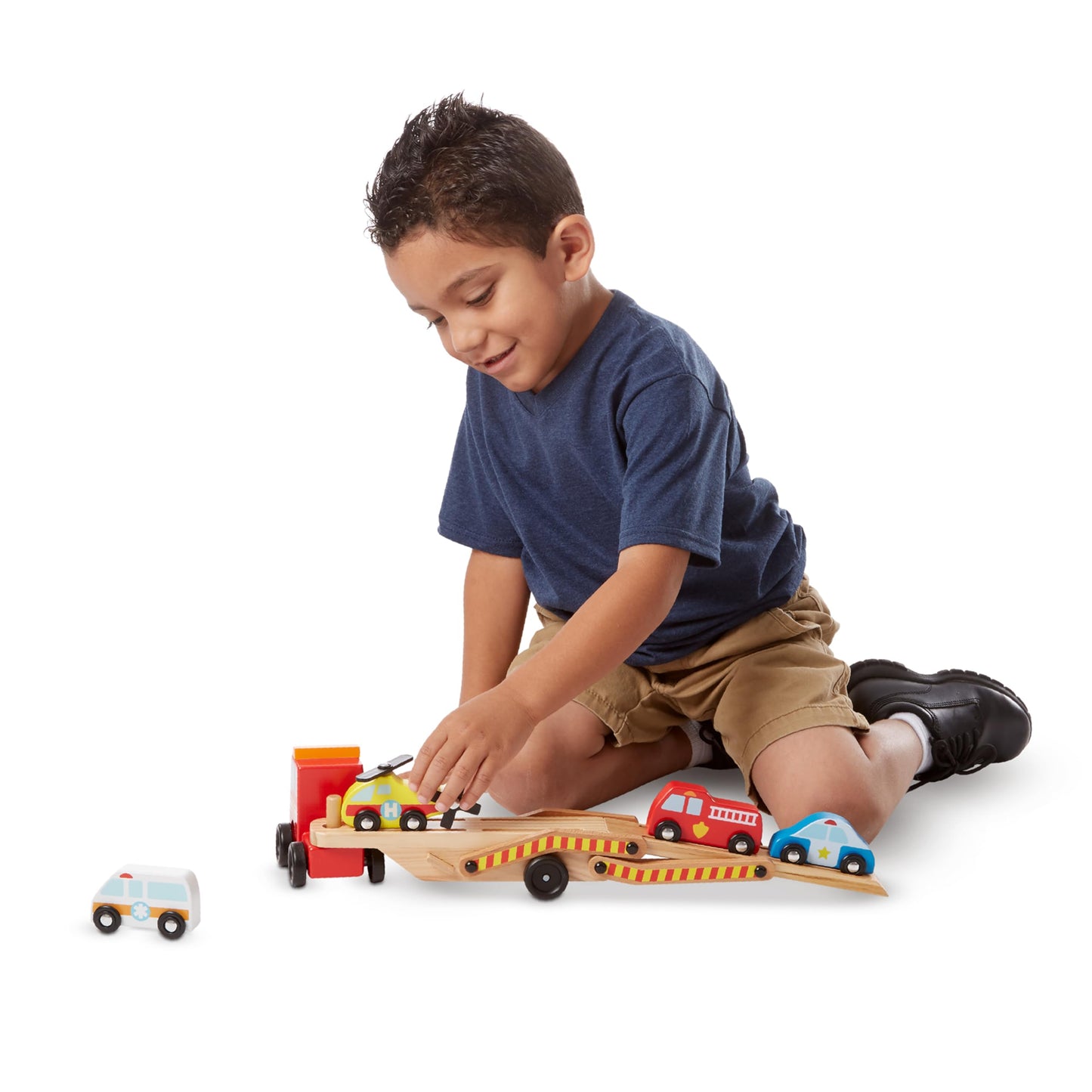 Melissa & Doug Emergency Vehicle Carrier Truck with 4 Rescue Vehicles | Wooden Playset