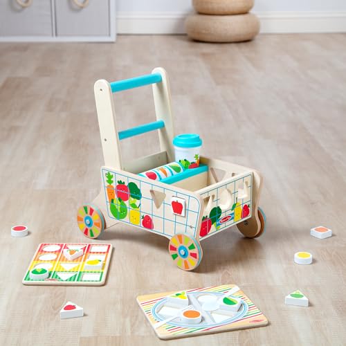 Melissa & Doug Wooden Shape Sorting Grocery Cart Push Toy – FSC-Certified, Pretend Play for Toddlers