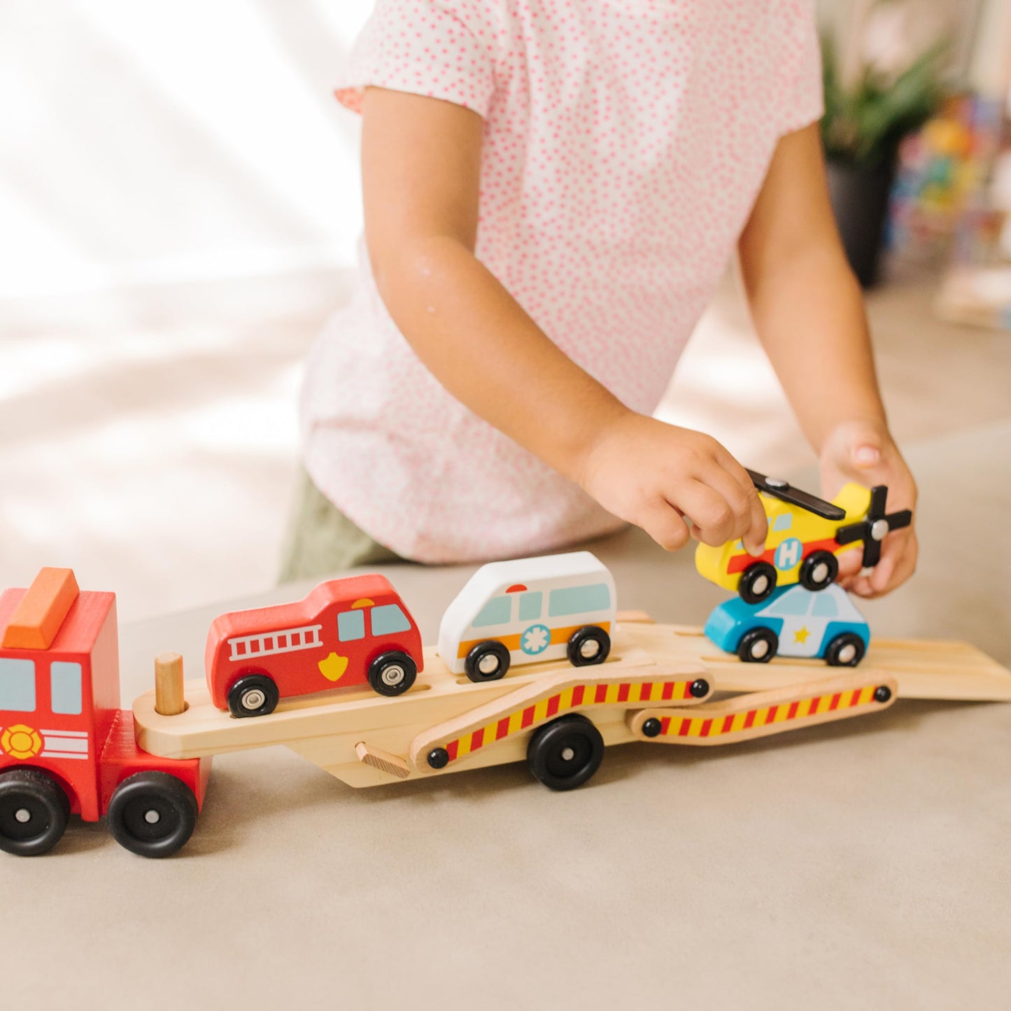Melissa & Doug Emergency Vehicle Carrier Truck with 4 Rescue Vehicles | Wooden Playset