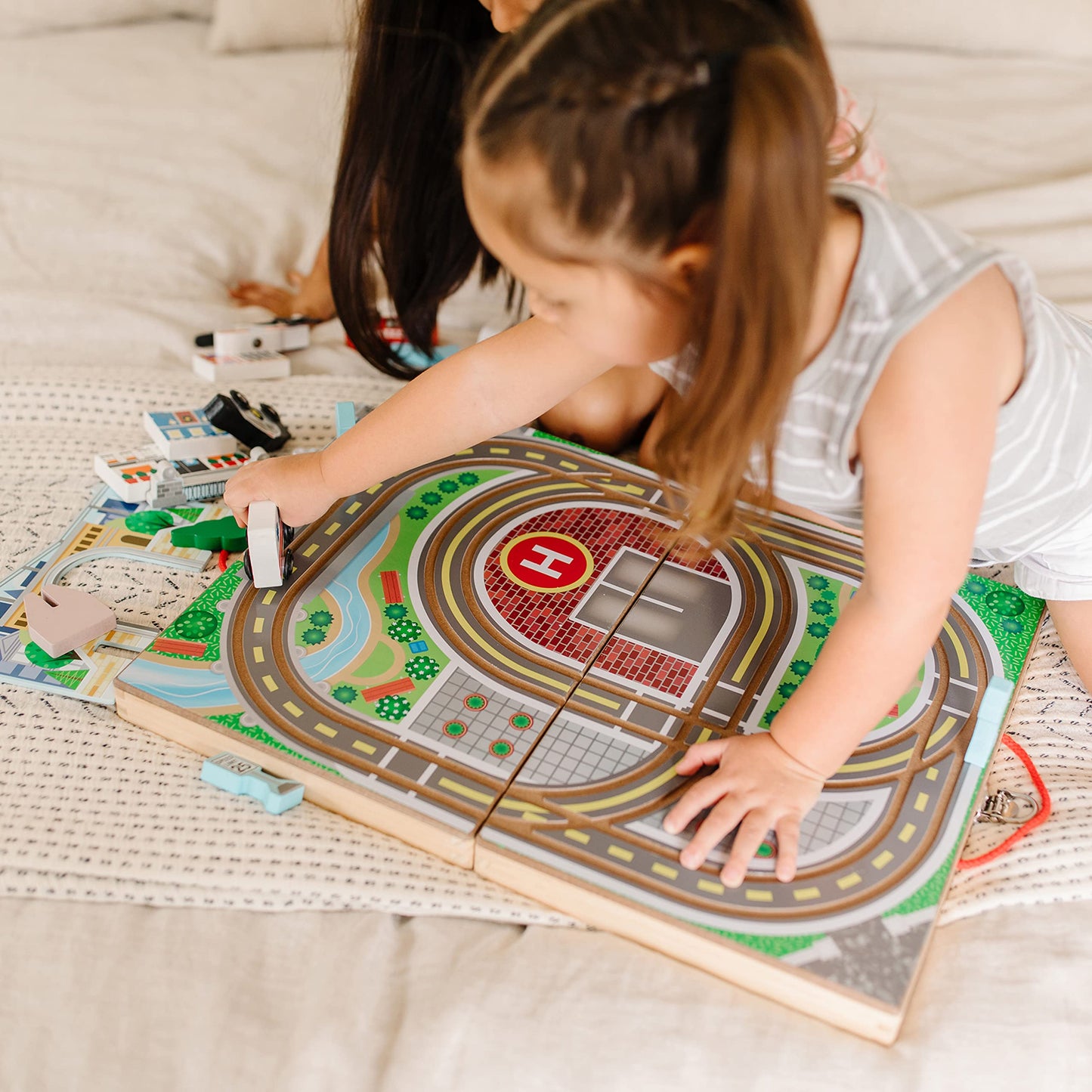 Melissa & Doug 18-Piece Wooden Take-Along Tabletop Town with 4 Rescue Vehicles, Bridge & Monorail