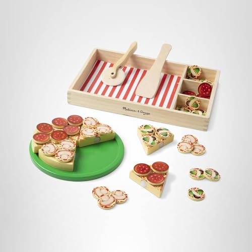 Melissa & Doug Wooden Pizza Party Play Set – 6 Sliceable Slices & 36 Toppings, 3+