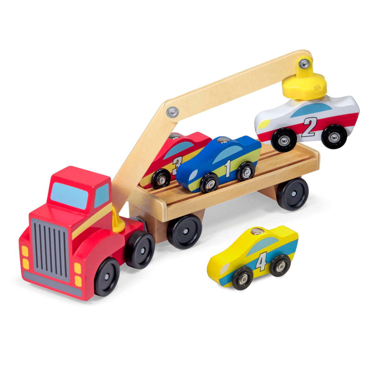 Melissa & Doug Magnetic Car Loader Wooden Truck Crane with 4 Cars & Trailer