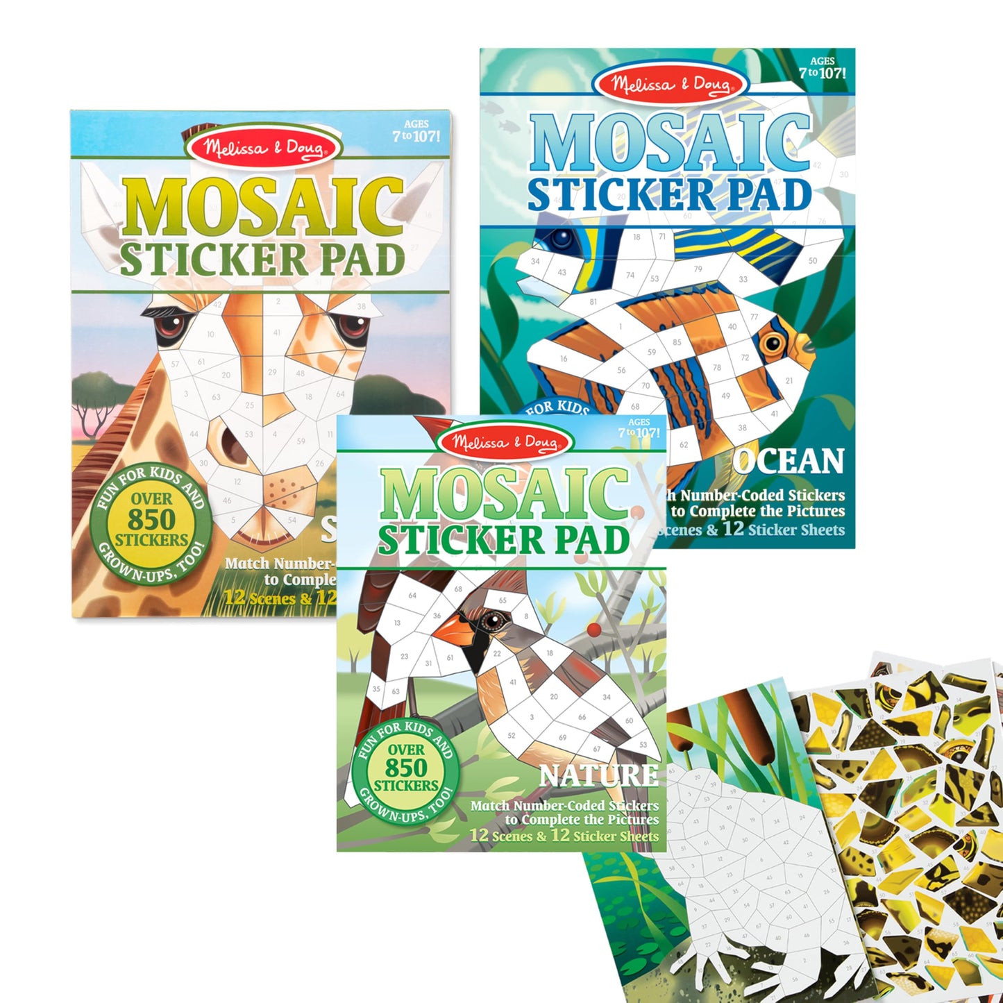 Melissa & Doug Mosaic Sticker Pad Ocean Animals – 12 Color Scenes, 850+ Stickers