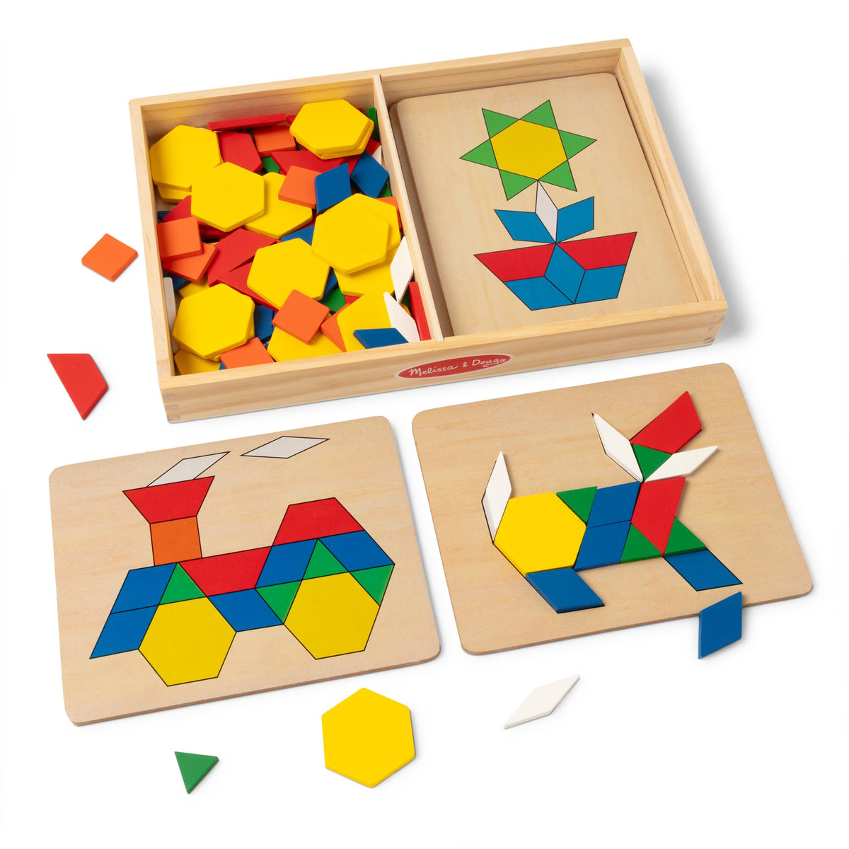 Melissa & Doug Pattern Blocks and Boards — 120 Wooden Tiles, 5 Double-Sided Puzzle Boards