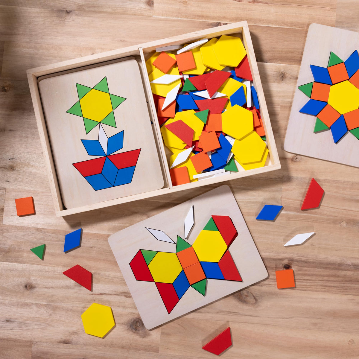Melissa & Doug Pattern Blocks and Boards — 120 Wooden Tiles, 5 Double-Sided Puzzle Boards