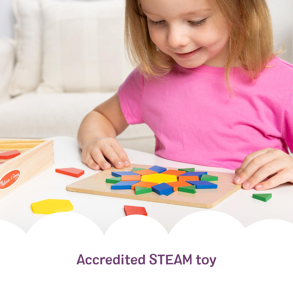 Melissa & Doug Pattern Blocks and Boards — 120 Wooden Tiles, 5 Double-Sided Puzzle Boards