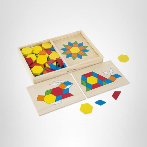 Melissa & Doug Pattern Blocks and Boards — 120 Wooden Tiles, 5 Double-Sided Puzzle Boards