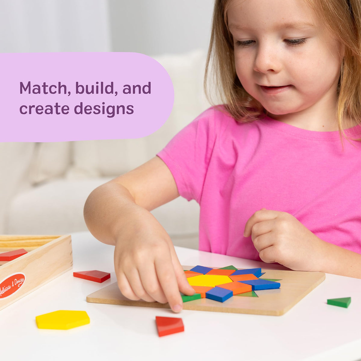 Melissa & Doug Pattern Blocks and Boards — 120 Wooden Tiles, 5 Double-Sided Puzzle Boards