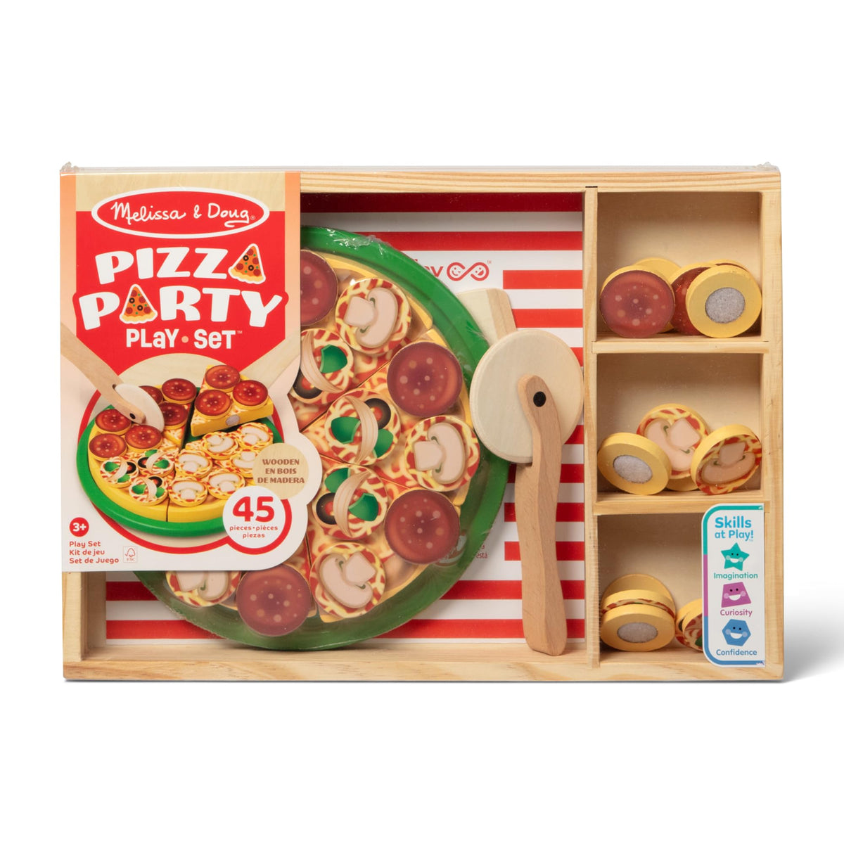 Melissa & Doug Wooden Pizza Party Play Set – 6 Sliceable Slices & 36 Toppings, 3+