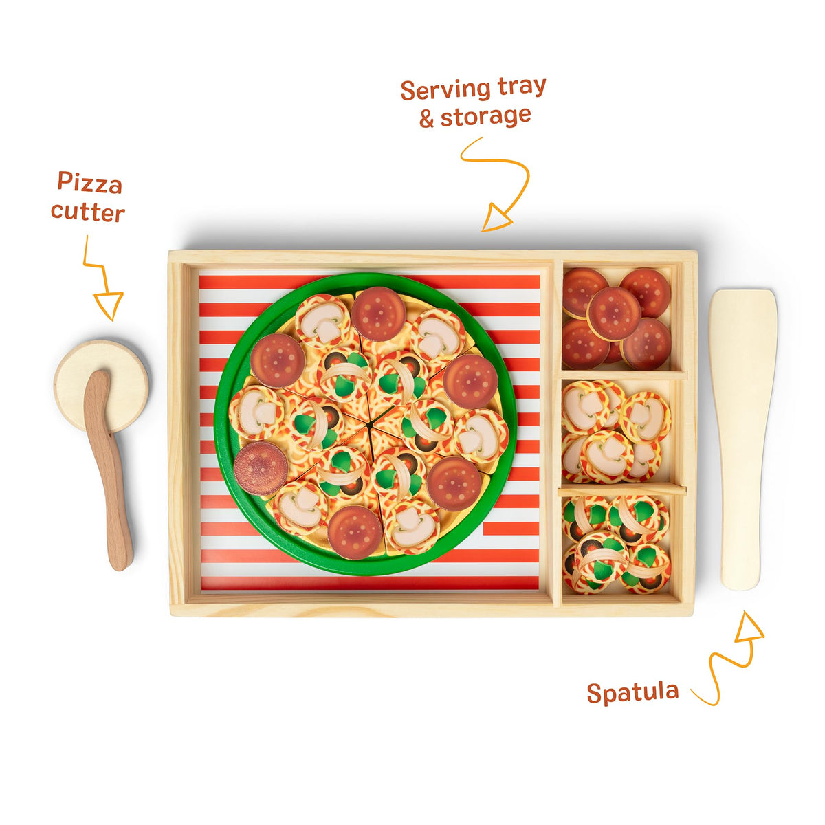 Melissa & Doug Wooden Pizza Party Play Set – 6 Sliceable Slices & 36 Toppings, 3+
