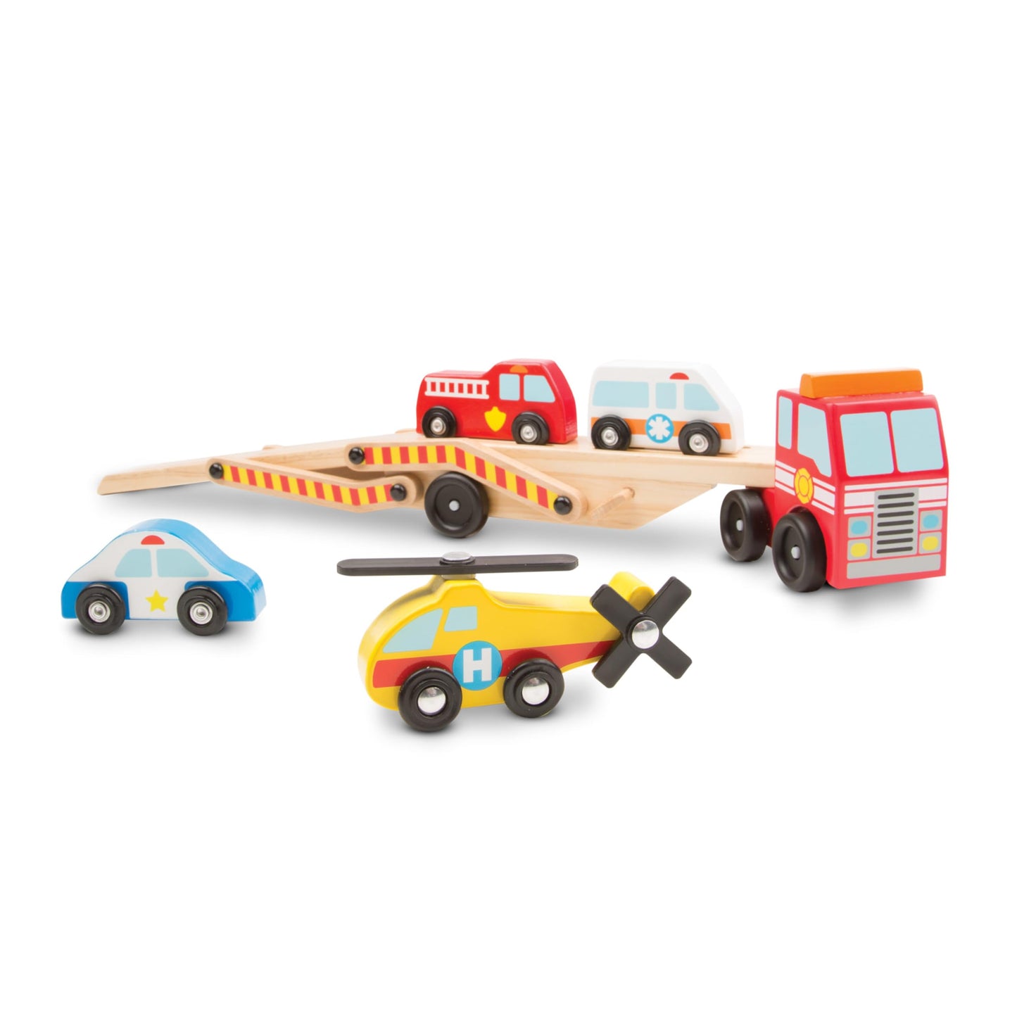 Melissa & Doug Emergency Vehicle Carrier Truck with 4 Rescue Vehicles | Wooden Playset