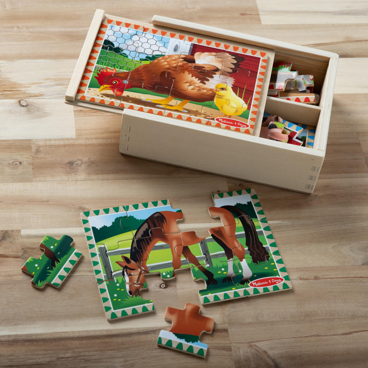 Melissa & Doug 4-in-1 Wooden Farm Jigsaw Puzzle Set – 48 Pieces with Storage Box (Ages 3+)