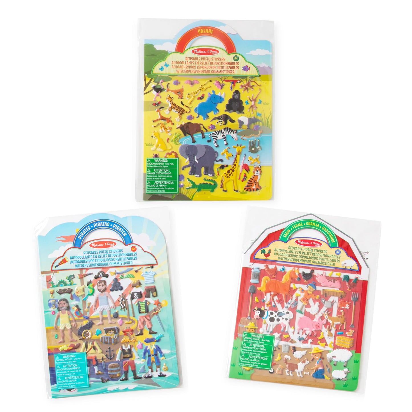 Melissa & Doug Puffy Sticker Activity Books Set of 3 – Safari, Pirate & Farm | Travel-Friendly, Mess-Free Play