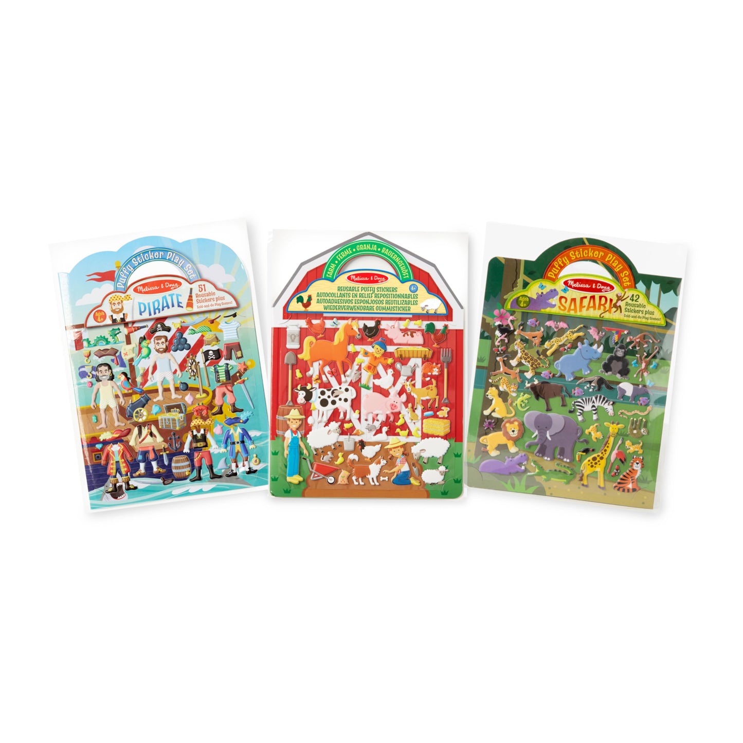 Melissa & Doug Puffy Sticker Activity Books Set of 3 – Safari, Pirate & Farm | Travel-Friendly, Mess-Free Play