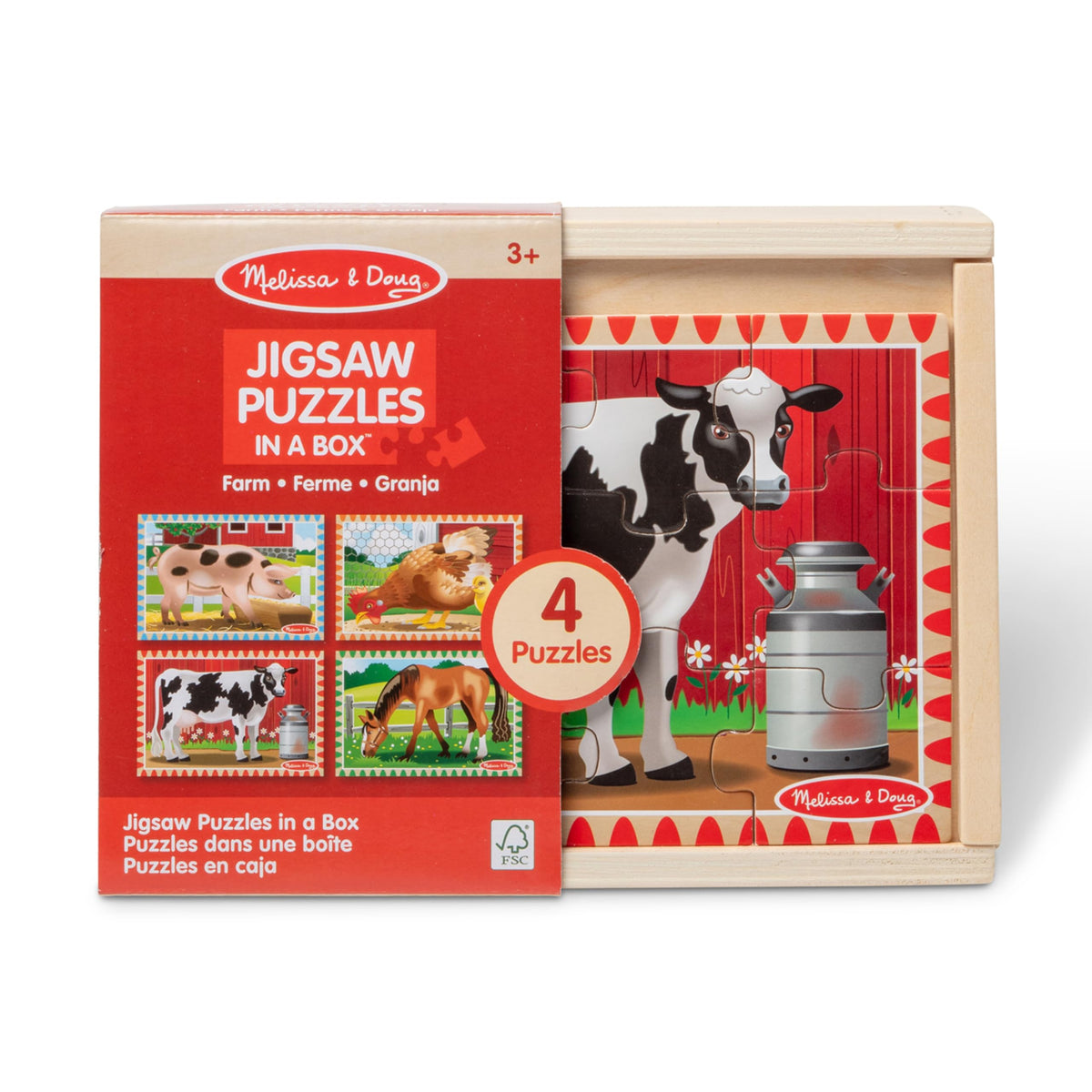Melissa & Doug 4-in-1 Wooden Farm Jigsaw Puzzle Set – 48 Pieces with Storage Box (Ages 3+)