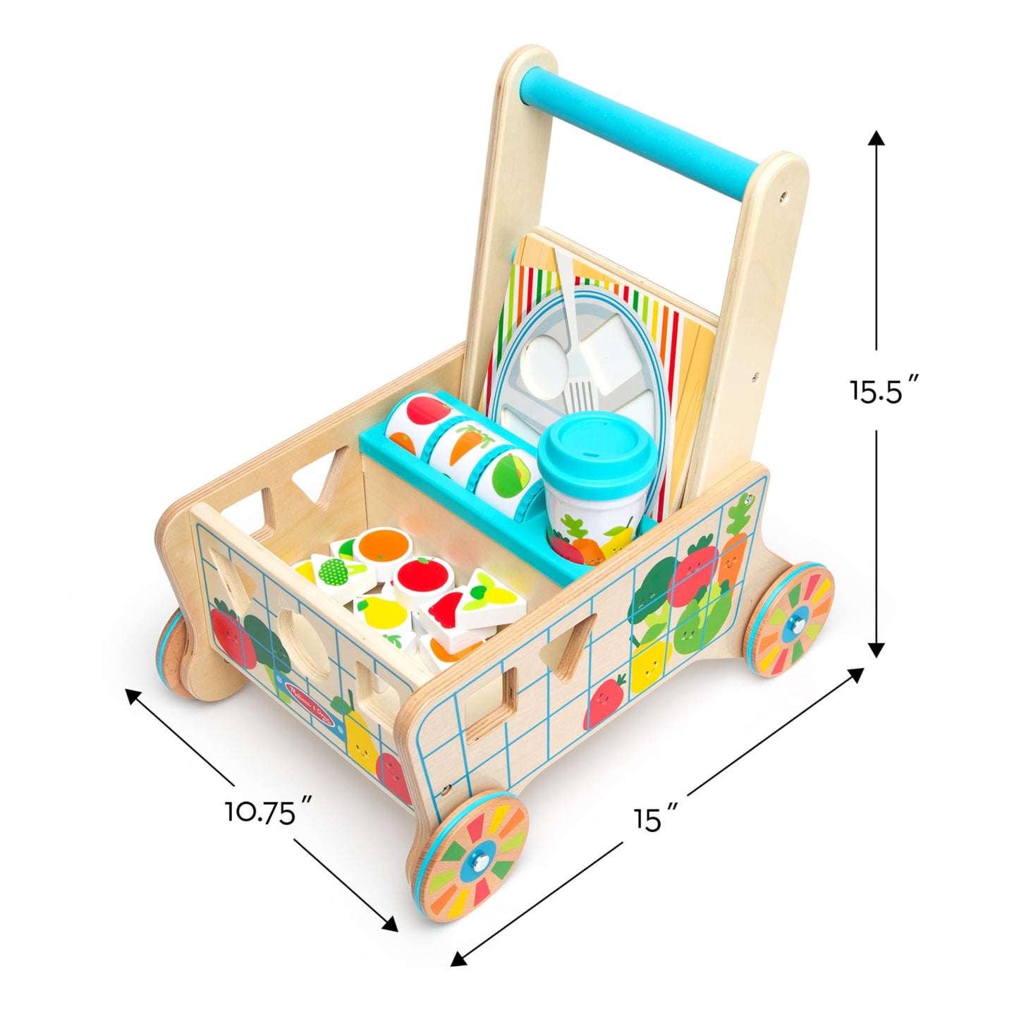Melissa & Doug Wooden Shape Sorting Grocery Cart Push Toy – FSC-Certified, Pretend Play for Toddlers