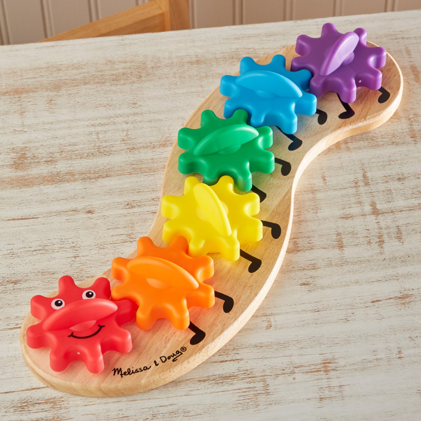 Melissa & Doug Rainbow Caterpillar Gear Toy – 6 Interchangeable Gears | Wooden Toddler Toy