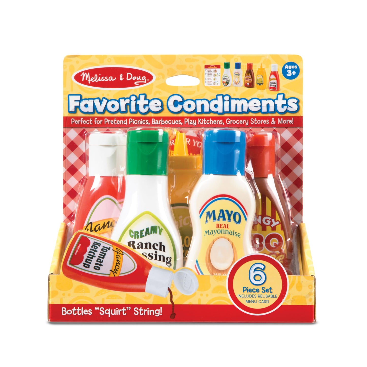 Melissa & Doug 5-Piece Favorite Condiments Play Food Set – Pretend Ketchup, Mustard, Ranch, Mayo, BBQ (Ages 3+)