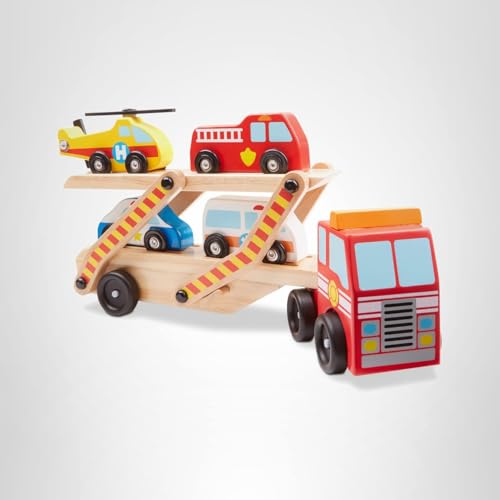 Melissa & Doug Emergency Vehicle Carrier Truck with 4 Rescue Vehicles | Wooden Playset