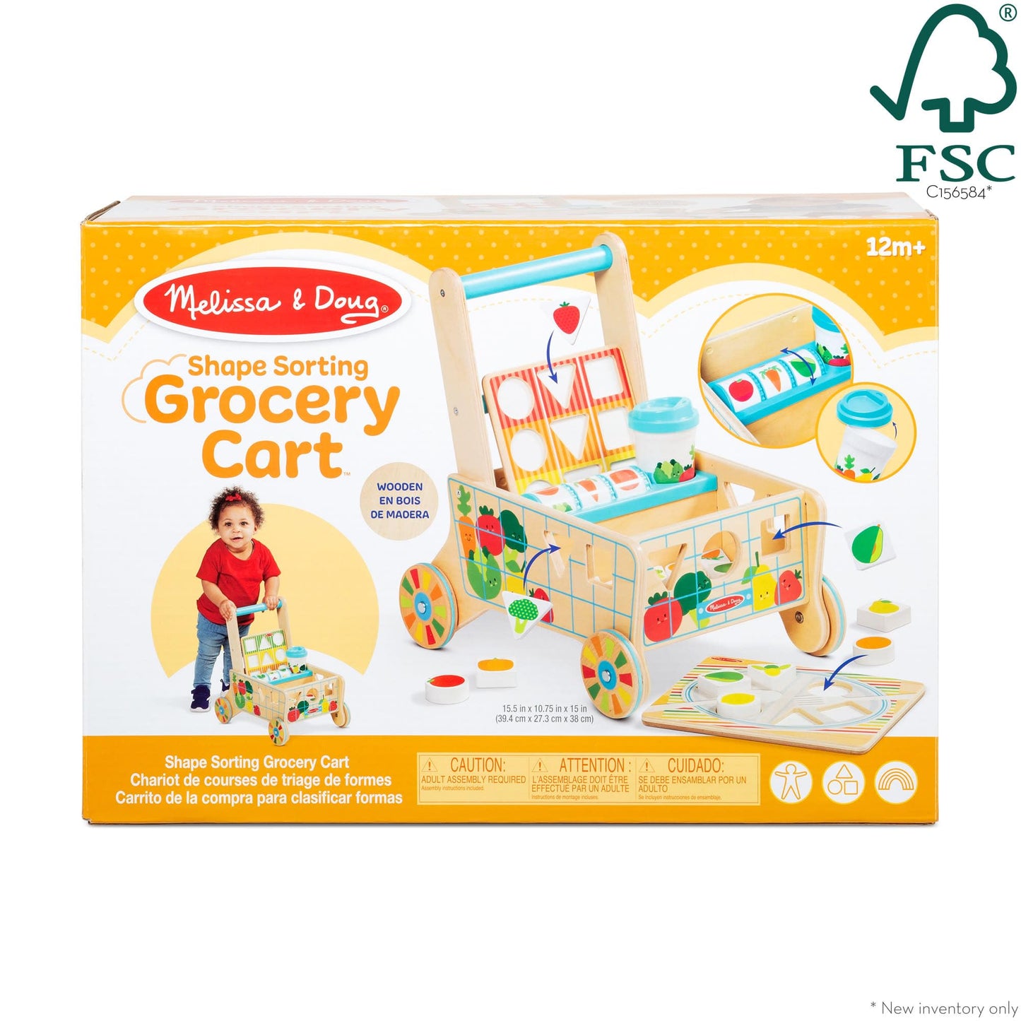 Melissa & Doug Wooden Shape Sorting Grocery Cart Push Toy – FSC-Certified, Pretend Play for Toddlers
