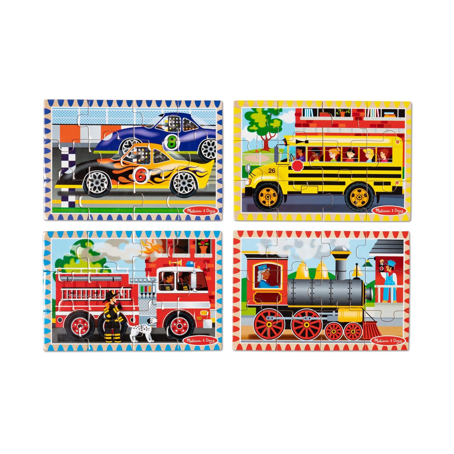Melissa & Doug 4-in-1 Wooden Vehicle Puzzle Set – 48 Pieces, FSC Certified, Storage Box, Ages 3+