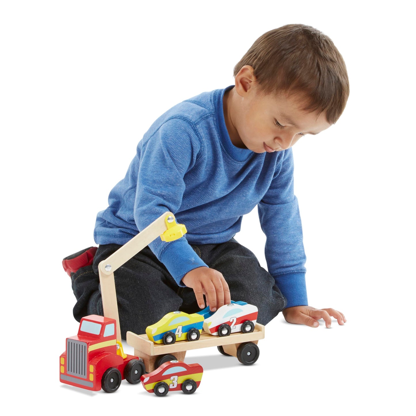Melissa & Doug Magnetic Car Loader Wooden Truck Crane with 4 Cars & Trailer