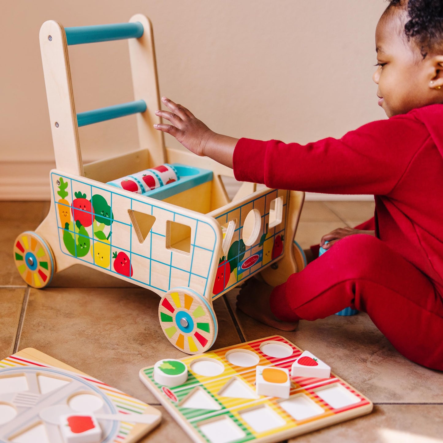 Melissa & Doug Wooden Shape Sorting Grocery Cart Push Toy – FSC-Certified, Pretend Play for Toddlers